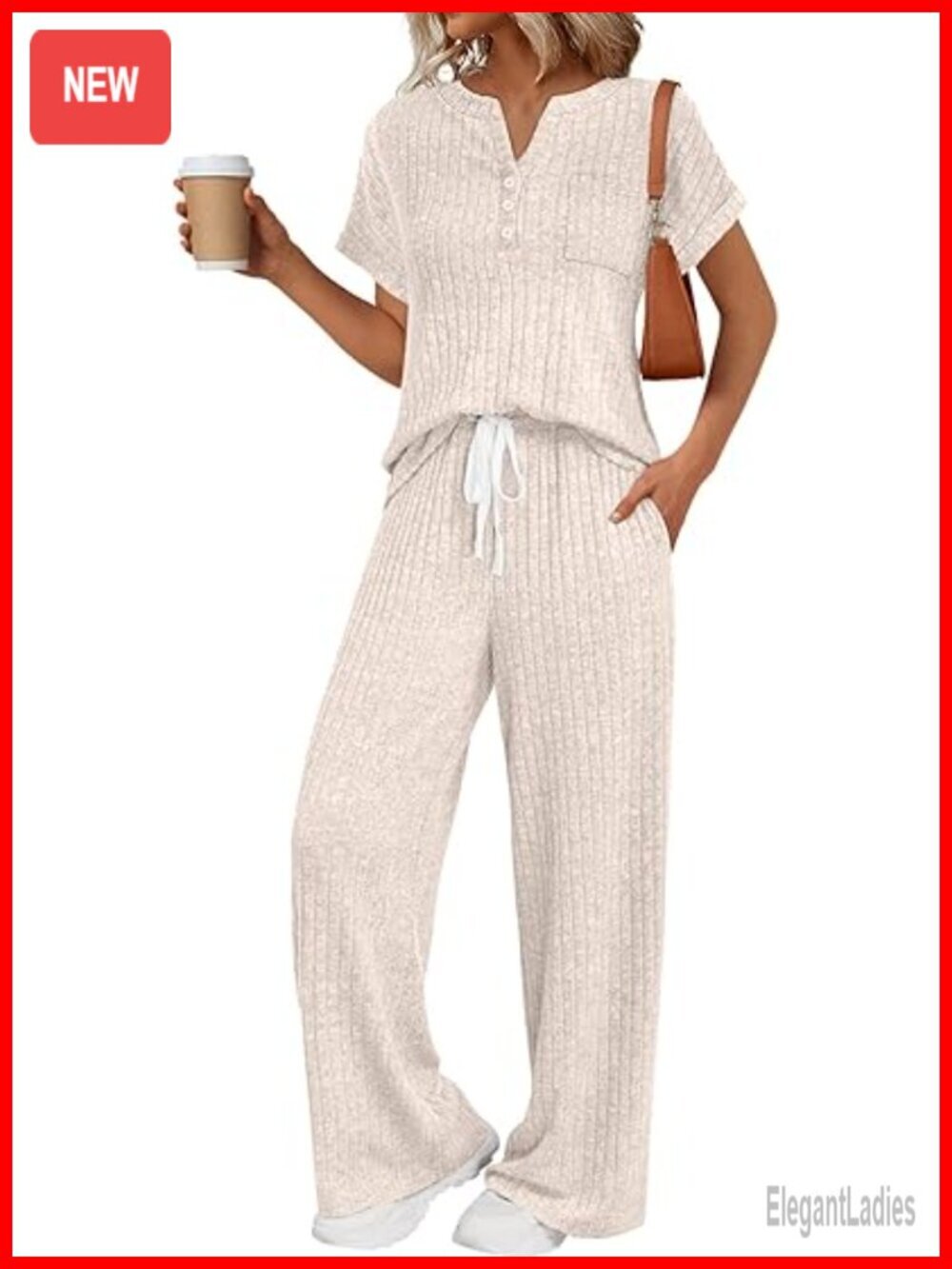 2 Piece Matching Lounge Set - Henley Neck Wide Leg Pants Casual Sweat Suit